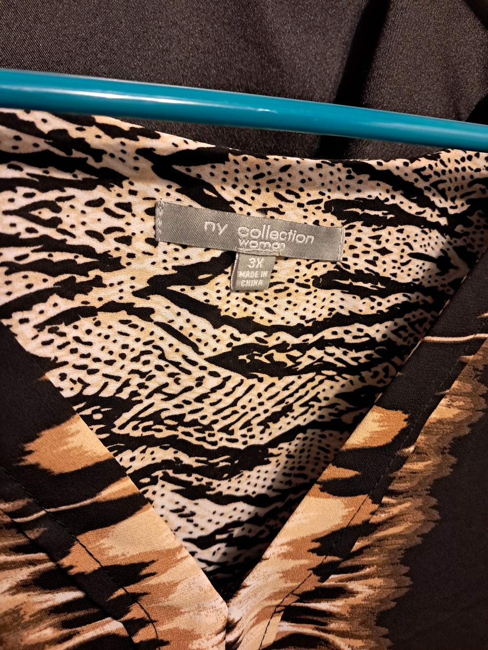 NY Collection Black and Tan Animal Print V-Neck Blouse
